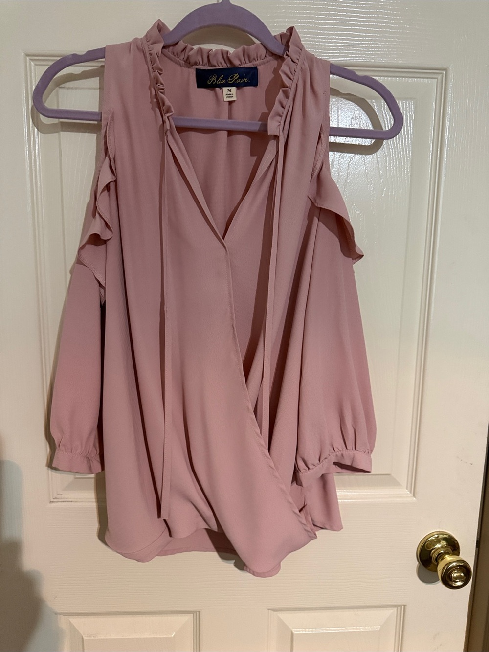 Blue Rain Mauve Pink Ruffle Cold-Shoulder Wrap Blouse